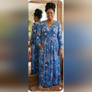 Casual 2X Boho Cottage Floral Blue Festival Artisy Pockets Maxi Dress New